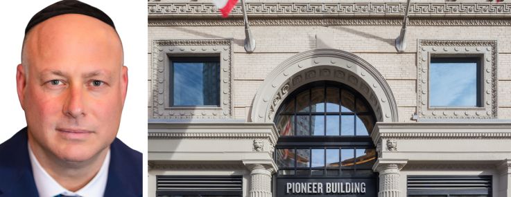 Augenbaum Realty's Josh Augenbaum and the Pioneer Building at 41 Flatbush, Brooklyn.