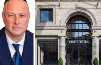 Augenbaum Realty's Josh Augenbaum and the Pioneer Building at 41 Flatbush, Brooklyn.