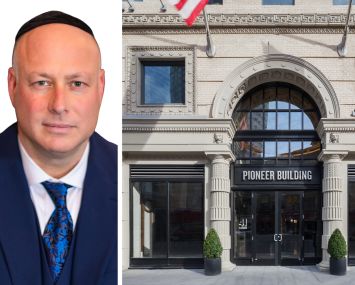 Augenbaum Realty's Josh Augenbaum and the Pioneer Building at 41 Flatbush, Brooklyn.