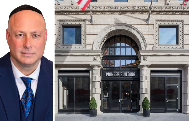 Augenbaum Realty's Josh Augenbaum and the Pioneer Building at 41 Flatbush, Brooklyn.