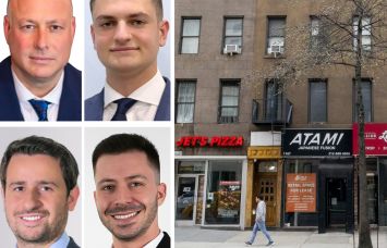 Augenbaum Realty's Josh Augenbaum (top left) and Murray Mizrachi (top center), KSR's Jack Khaski (bottom left) and Hunter Lazan (bottom center), and 1167 Second Avenue.