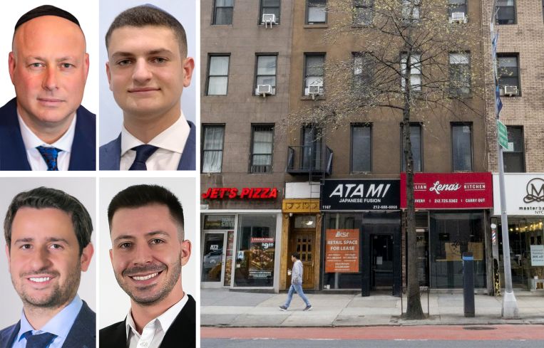 Augenbaum Realty's Josh Augenbaum (top left) and Murray Mizrachi (top center), KSR's Jack Khaski (bottom left) and Hunter Lazan (bottom center), and 1167 Second Avenue.