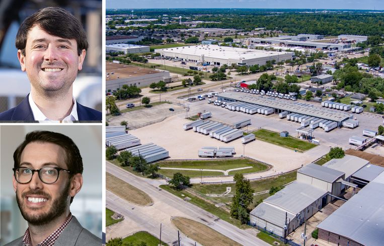 Cooper Horowitz's Justin Horowitz, Triten Real Estate Partners' Zach Dobin, and an industrial outdoor storage space at 6816 Fairbanks North Houston Road.