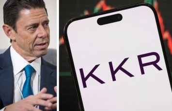 KKR co-CEO Scott Nuttall and KKR's logo with a stock chart in the background.