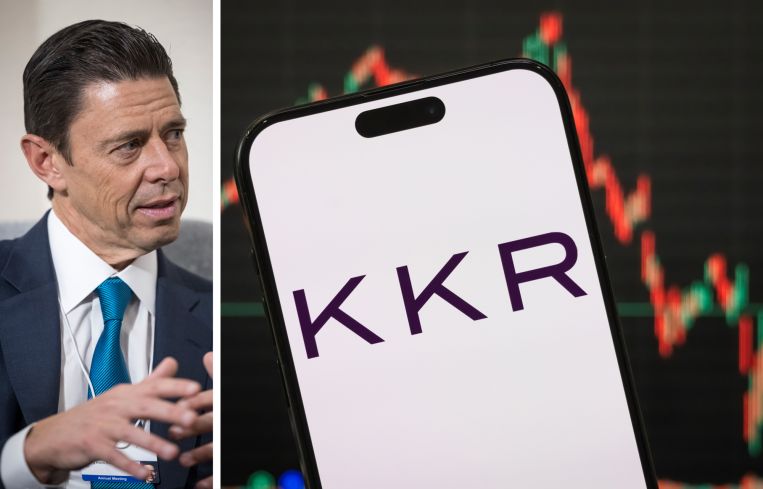 KKR co-CEO Scott Nuttall and KKR's logo with a stock chart in the background.