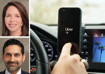 Blackstone's Kathleen McCarthy and Nadeem Maghji, and the Uber app inside a car.