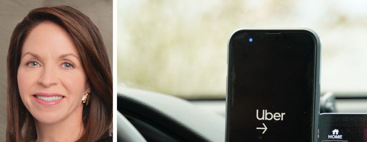 Blackstone's Kathleen McCarthy and Nadeem Maghji, and the Uber app inside a car.