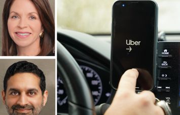 Blackstone's Kathleen McCarthy and Nadeem Maghji, and the Uber app inside a car.