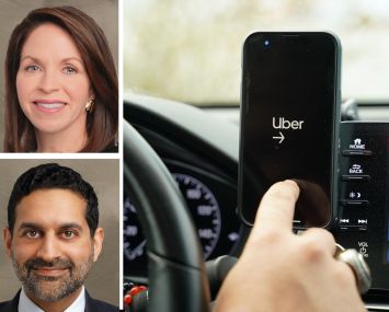 Blackstone's Kathleen McCarthy and Nadeem Maghji, and the Uber app inside a car.