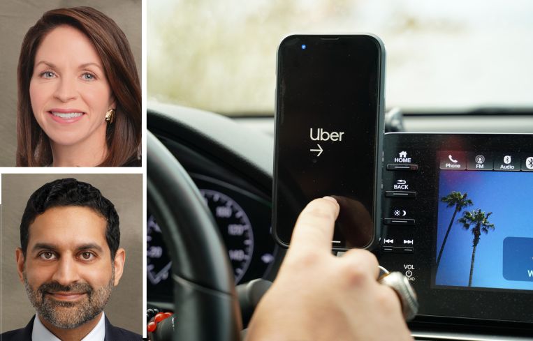 Blackstone's Kathleen McCarthy and Nadeem Maghji, and the Uber app inside a car.