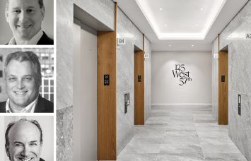 Alchemy-ABR co-founders Kenneth Horn (from top), Brian Ray, and Joel Breitkopf, and the lobby of the 14th floor of 125 West 57th Street.