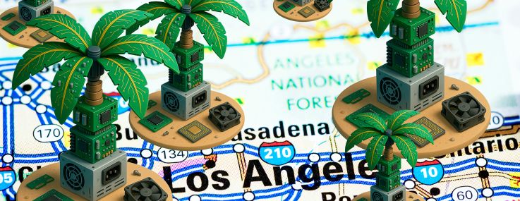 A map that says Los Angeles and there are palm trees sticking out from it.