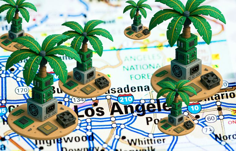 A map that says Los Angeles and there are palm trees sticking out from it.
