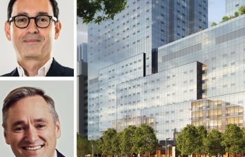 Kushner Companies' Laurent Morali, Blackstone's Tim Johnson, and a rendering of 1 Journal Square in Jersey City.