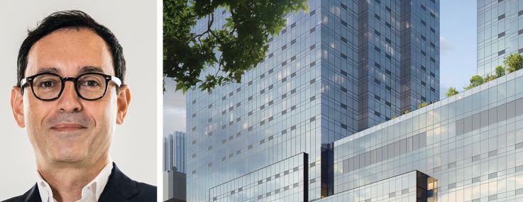 Kushner Companies' Laurent Morali, Blackstone's Tim Johnson, and a rendering of 1 Journal Square in Jersey City.