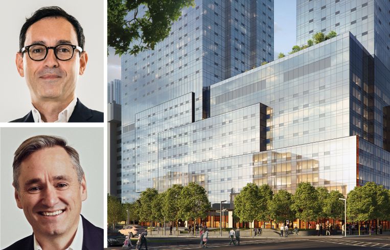 Kushner Companies' Laurent Morali, Blackstone's Tim Johnson, and a rendering of 1 Journal Square in Jersey City.