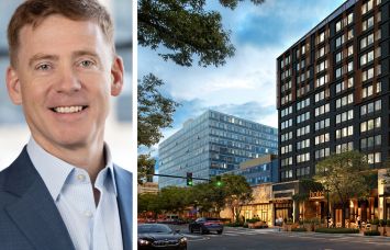 Matthew Kelly, CEO of JBG Smith, and a rendering of 2100 Crystal Drive, Arlington, Va.