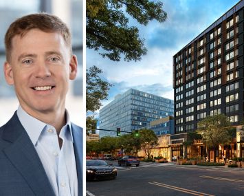 Matthew Kelly, CEO of JBG Smith, and a rendering of 2100 Crystal Drive, Arlington, Va.