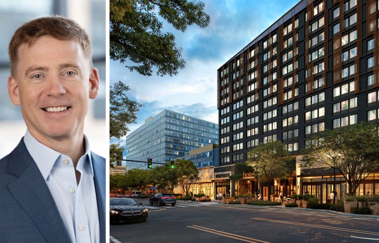 Matthew Kelly, CEO of JBG Smith, and a rendering of 2100 Crystal Drive, Arlington, Va.