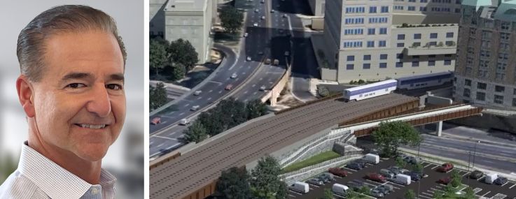 Michael Viggiano of Skanska and a rendering of the Long Bridge North project.
