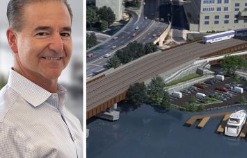 Michael Viggiano of Skanska and a rendering of the Long Bridge North project.