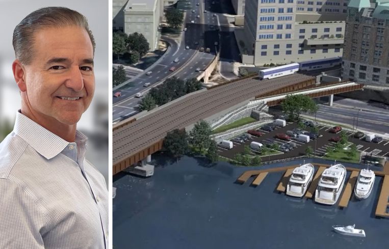 Michael Viggiano of Skanska and a rendering of the Long Bridge North project.