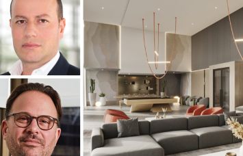 Arrow Real Estate Advisors' Morris Betesh (top), Maxim Capital Group's Adam Glick and a rendering of the interior of a planned condo tower at 24-02 Queens Plaza South in Long Island City, Queens.