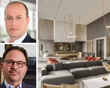 Arrow Real Estate Advisors' Morris Betesh (top), Maxim Capital Group's Adam Glick and a rendering of the interior of a planned condo tower at 24-02 Queens Plaza South in Long Island City, Queens.