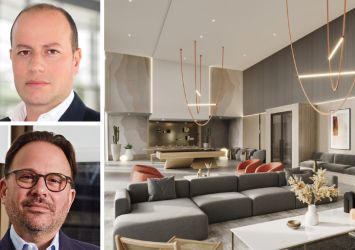 Arrow Real Estate Advisors' Morris Betesh (top), Maxim Capital Group's Adam Glick and a rendering of the interior of a planned condo tower at 24-02 Queens Plaza South in Long Island City, Queens.