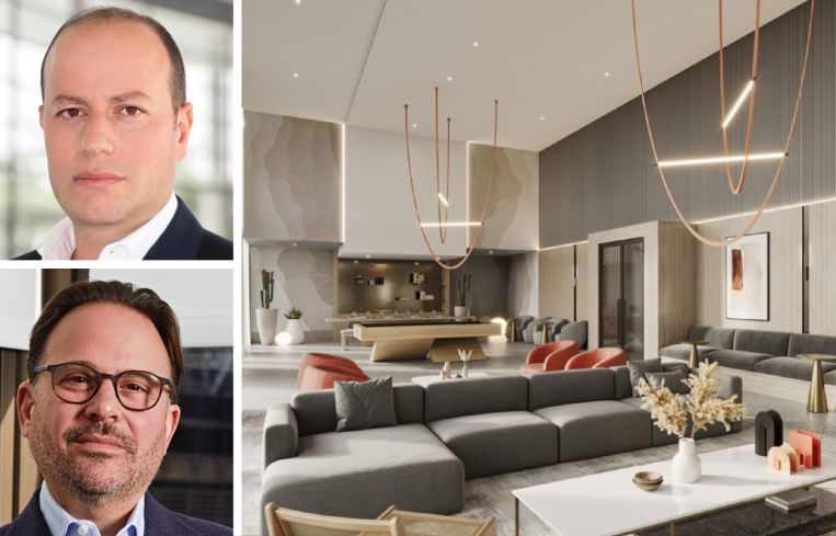 Arrow Real Estate Advisors' Morris Betesh (top), Maxim Capital Group's Adam Glick and a rendering of the interior of a planned condo tower at 24-02 Queens Plaza South in Long Island City, Queens.