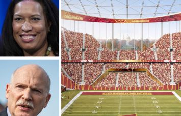Washington, D.C. Mayor Muriel Bowser (top), D.C. Council Chairman Phil Mendelson, and a rendering of the proposed Washington Commanders stadium.
