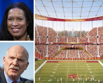 Washington, D.C. Mayor Muriel Bowser (top), D.C. Council Chairman Phil Mendelson, and a rendering of the proposed Washington Commanders stadium.