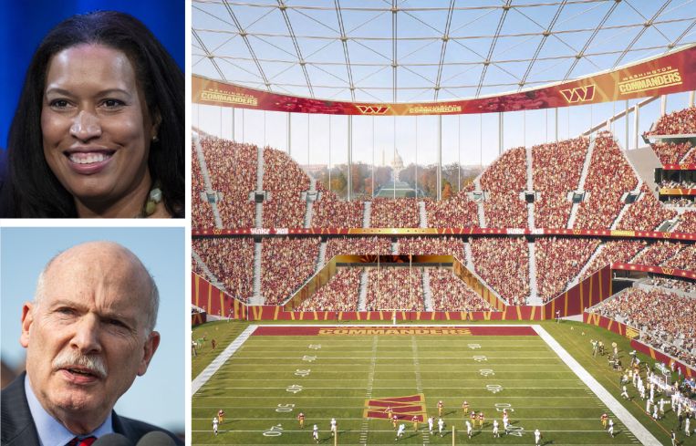 Washington, D.C. Mayor Muriel Bowser (top), D.C. Council Chairman Phil Mendelson, and a rendering of the proposed Washington Commanders stadium.