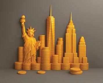 A New York skyline made of coins.