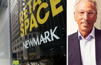 A Newmark sign advertising available retail space and Newmark CEO Barry Gosin.