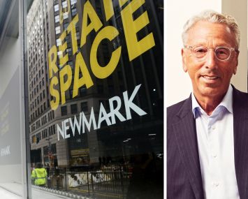 A Newmark sign advertising available retail space and Newmark CEO Barry Gosin.