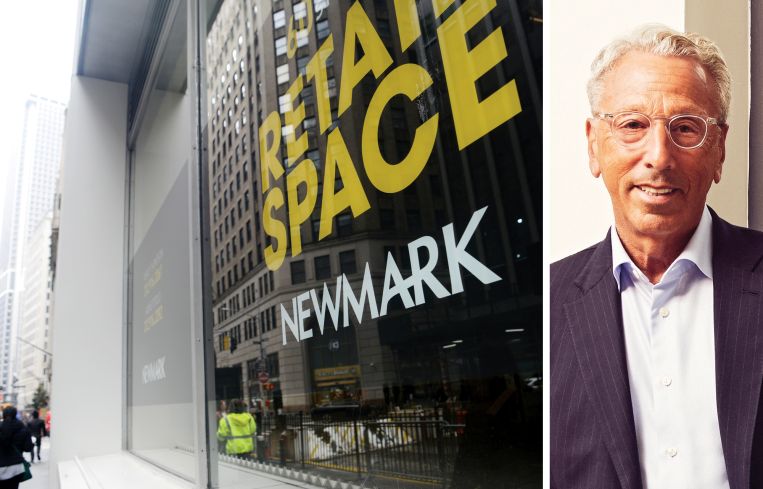 A Newmark sign advertising available retail space and Newmark CEO Barry Gosin.