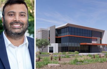 Peachtree Group's Nisu Mehta and a rendering of The Block on Elliot project in Mesa, Ariz.