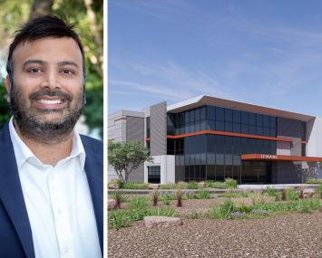 Peachtree Group's Nisu Mehta and a rendering of The Block on Elliot project in Mesa, Ariz.