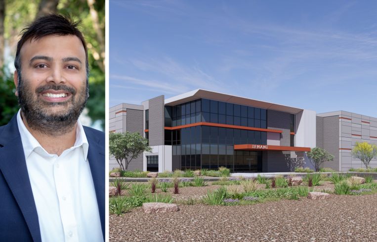 Peachtree Group's Nisu Mehta and a rendering of The Block on Elliot project in Mesa, Ariz.