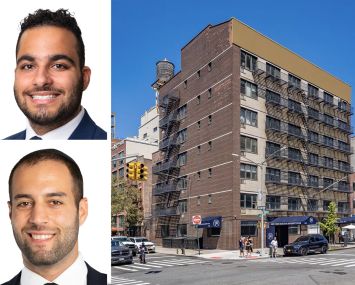 Meridian Capital Group's Noam Aziz (top) and Aaron Harounian (bottom), and 1433-1435 York Avenue.