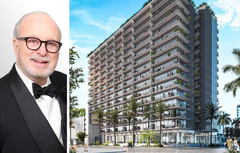 Paul Cejas and a rendering of a proposed residential building at 1600 Washington Avenue, Miami Beach, Fla.