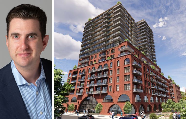 Affinius Capital's Perry Katz and a rendering of 313 Bond Street, Brooklyn.