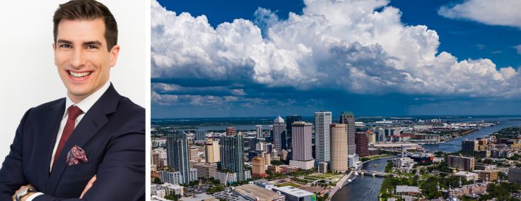 Peter Tsoulogiannis, partner and chief investment officer of Slate Asset Management, and an aerial view of Tampa, Fla.