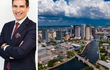 Peter Tsoulogiannis, partner and chief investment officer of Slate Asset Management, and an aerial view of Tampa, Fla.