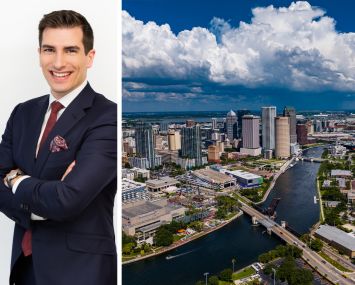 Peter Tsoulogiannis, partner and chief investment officer of Slate Asset Management, and an aerial view of Tampa, Fla.