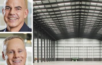 Rexford Industrial Realty co-CEOs Michael Frankel (top) and Howard Schwimmer (bottom) and an empty warehouse.