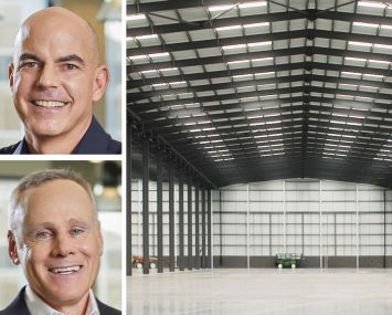 Rexford Industrial Realty co-CEOs Michael Frankel (top) and Howard Schwimmer (bottom) and an empty warehouse.