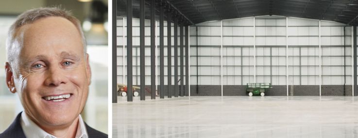 Rexford Industrial Realty co-CEOs Michael Frankel (top) and Howard Schwimmer (bottom) and an empty warehouse.
