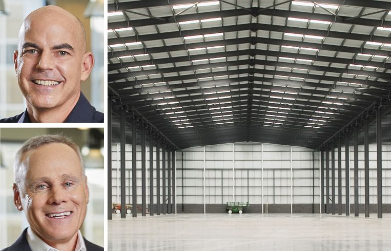 Rexford Industrial Realty co-CEOs Michael Frankel (top) and Howard Schwimmer (bottom) and an empty warehouse.